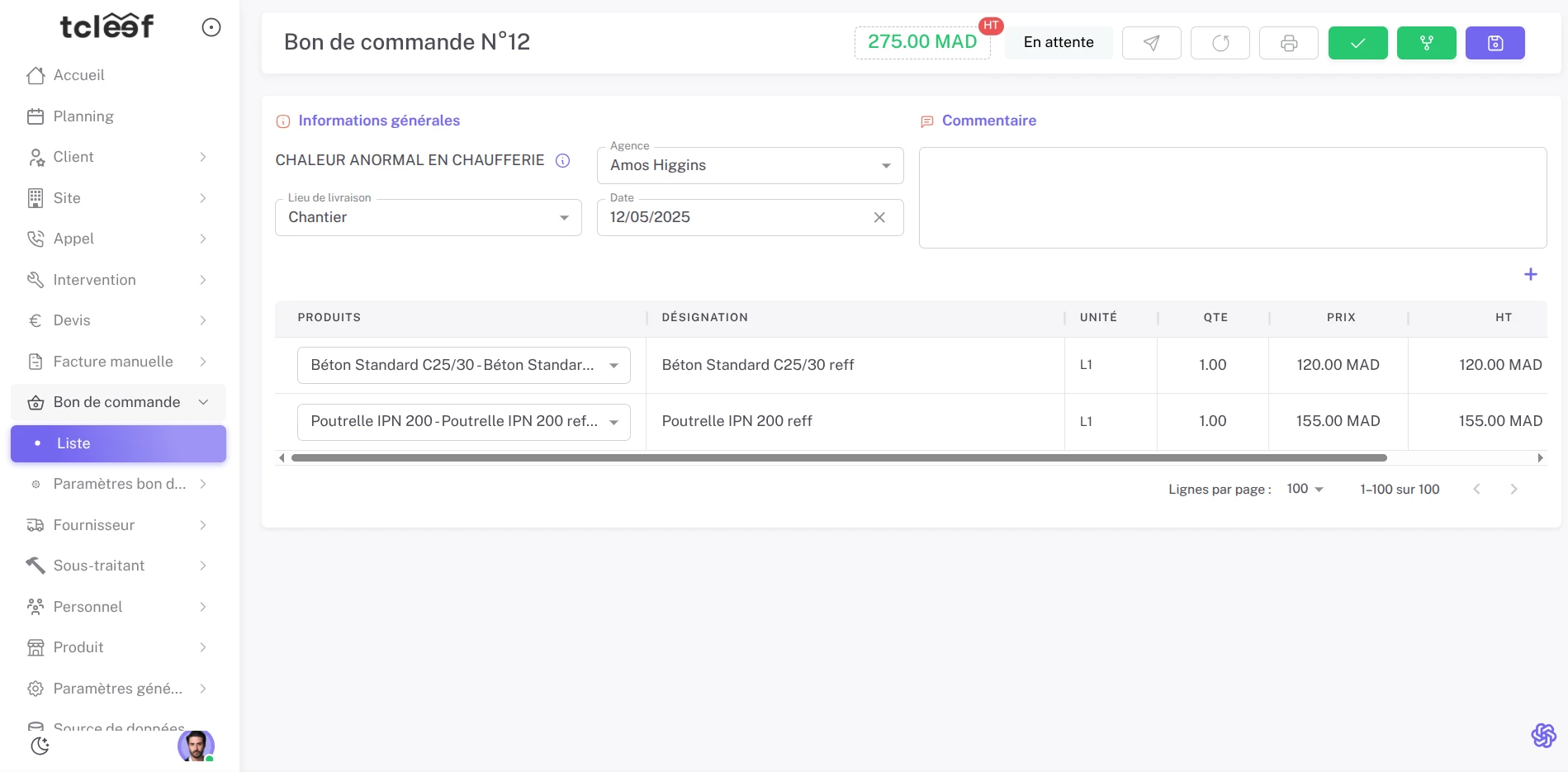 Création de commandes depuis interventions